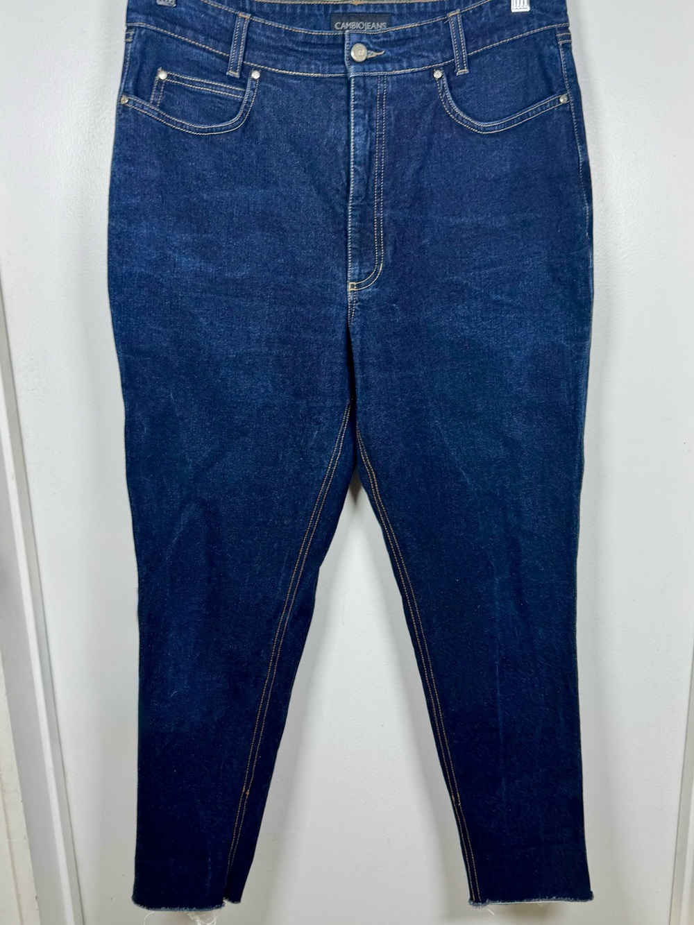 CAMBIO Sharon Dark Denim Straight Leg Mom Jeans Women’s 14 Classic Raw Hems EUC